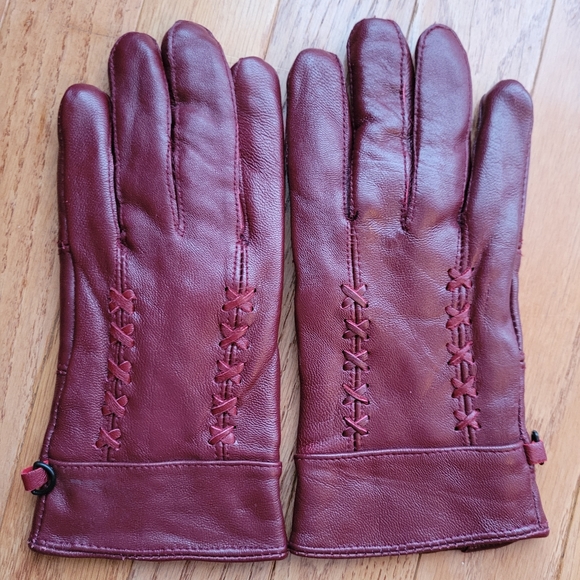 Leather Gloves Fleece Lined Driving Glove Red Burgundy M - Picture 1 of 8